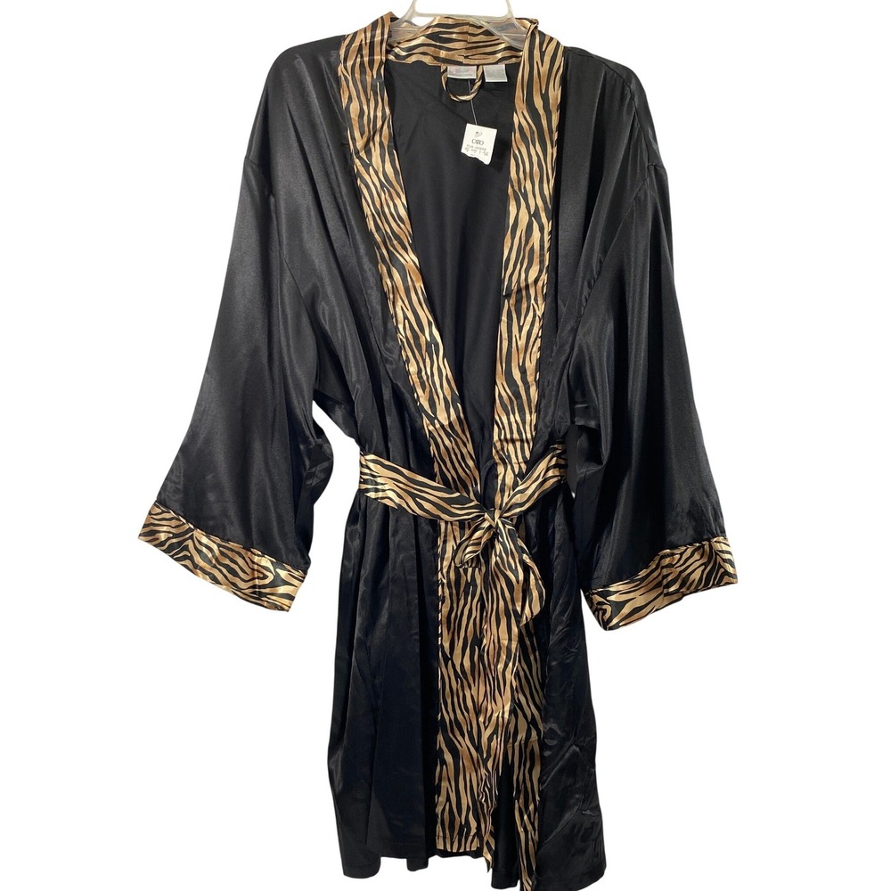 Etonné by Sarah Richards Black Tiger‎ Print Satin Kimono Robe Plus Size 26W 28W
